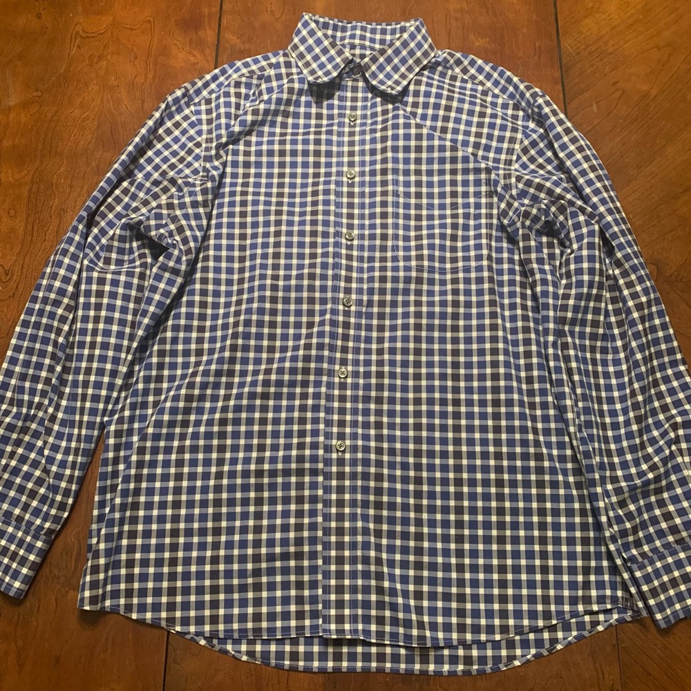 Mens Blue/Gray/White Jos. A. Bank Traveler Flannel Shirt (Size: L Tailored Fit)